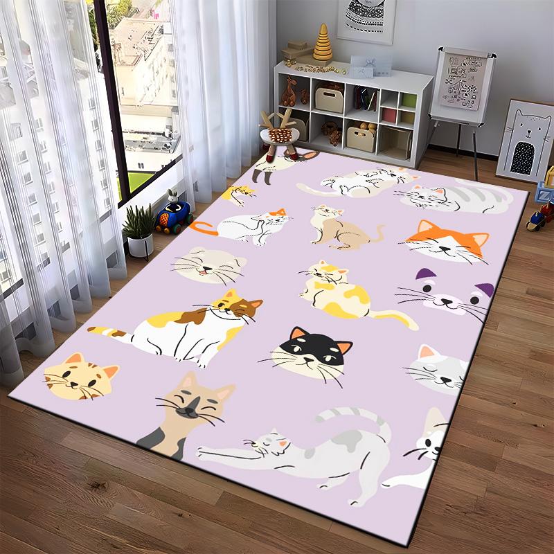 Cute Cartoon Cat Pattern Carpet with Colorful Cats on a Purple Background Design Suitable for use as an anti-slip for room and bedroom sofas