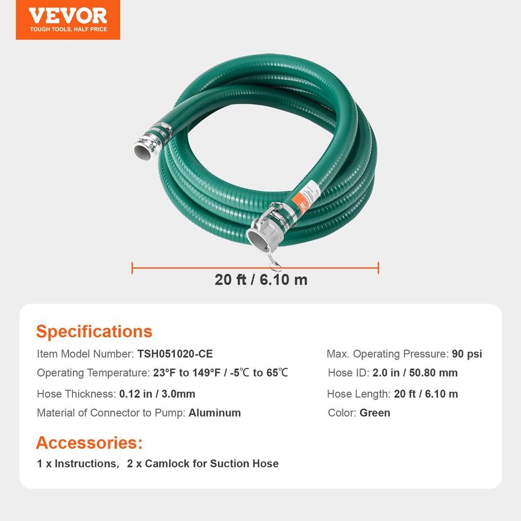 Suction Hose 2 in x 20 ft Green High Quality Hose Complete Fittings