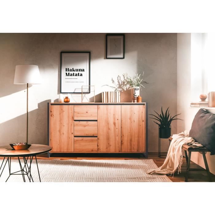 DENVER Buffet 3 portes 3 tiroirs - Décor chêne artisan / Anthracite - L 160 x P 40 x H 88 cm