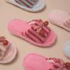 Contrast Color Cherry Open Plush Slippers Bow Stripe Breathable Less Fluffy Cotton Slippers