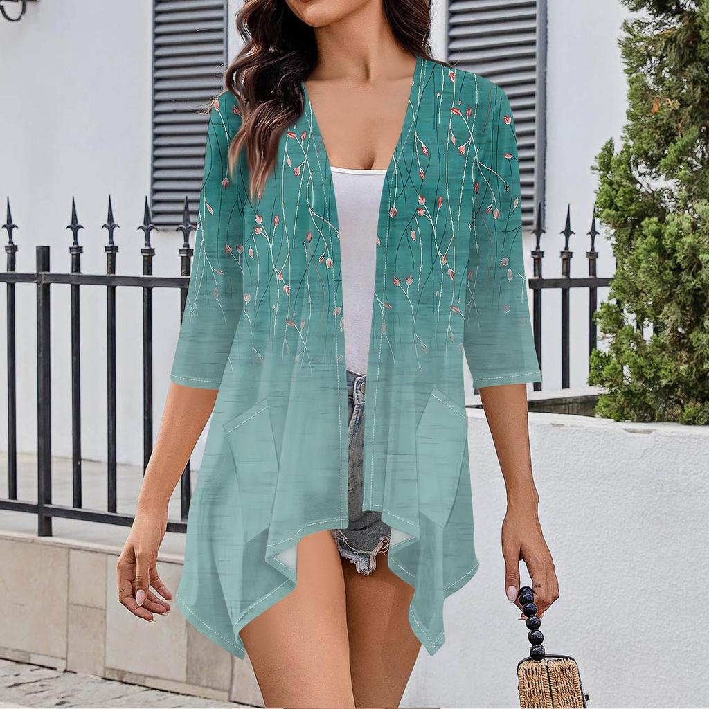 Women's Fall Print Irregular Three-quarter Sleeve Cardigan With Pocket Jacket
