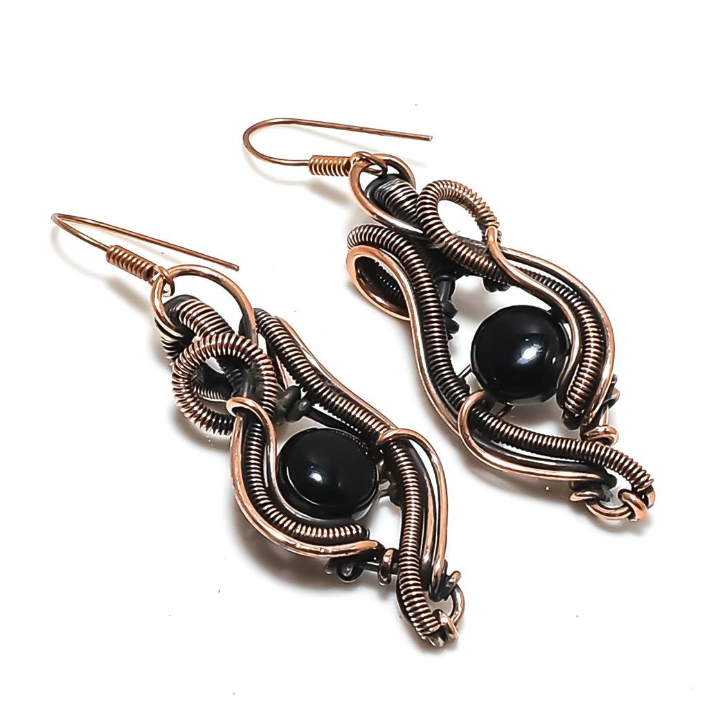 Серьги из черного оникса, обернутые медной проволокой 999 пробы, серьги ручной работы с драгоценными камнями ко Дню памяти
