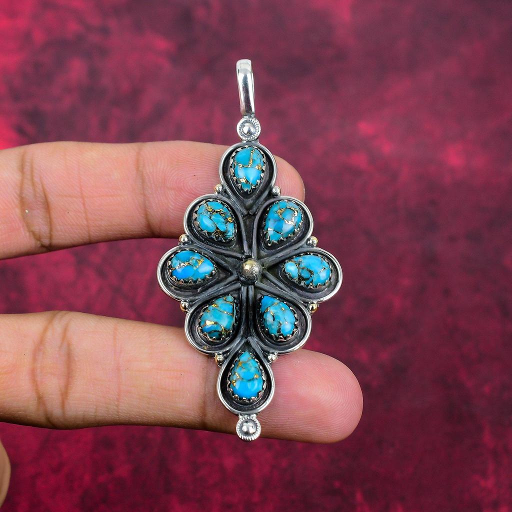 Голубой медный бирюзовый кулон ручной работы с драгоценными камнями, 925 пробы серебряный кулон, старинные ювелирные изделия, для подарка на помолвку