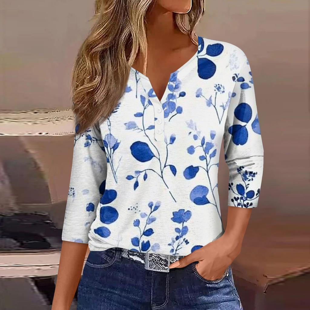 Женская модная повседневная футболка с цветочным принтом, V-образным вырезом, коротким рукавом, декоративными пуговицами и рукавом три четверти