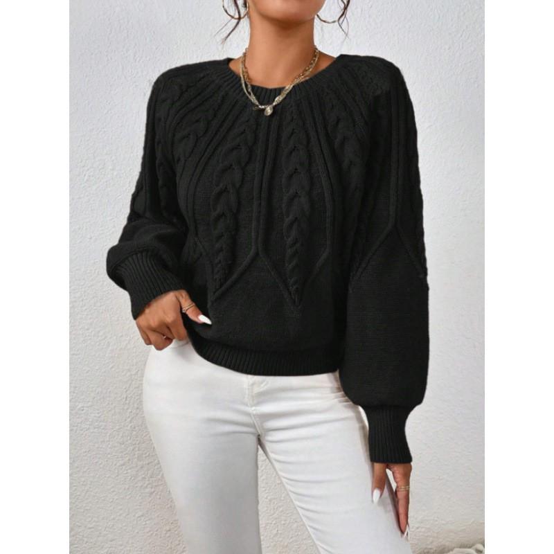 Womens Crew Neck Long Sleeve Knit Sweater Loose Fit Cable Solid Color Casual Winter Basic Top