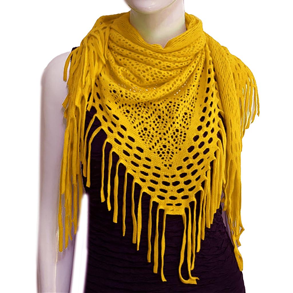 Women's Hollowed Knitted Triangular Scarf Imitation Cashmeres Soft Winter Shawl Wrap Neckerchief Blanket with Fringes
