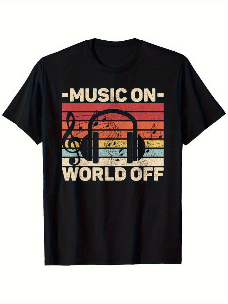 Music On World Off Graphic T-shirt - Retro Headphones & Musical Notes Design - Black with Beige to Red Stripe - Heavyweight 100% Cotton Tee for DJs