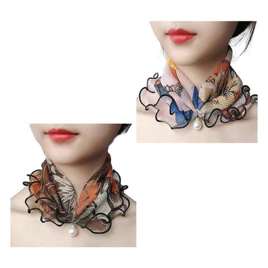 2Pcs Women Faux Silk Scarf Printing Faux Pearl Decor Lace Trim Lightweight Scarf Hand Strap Accessory