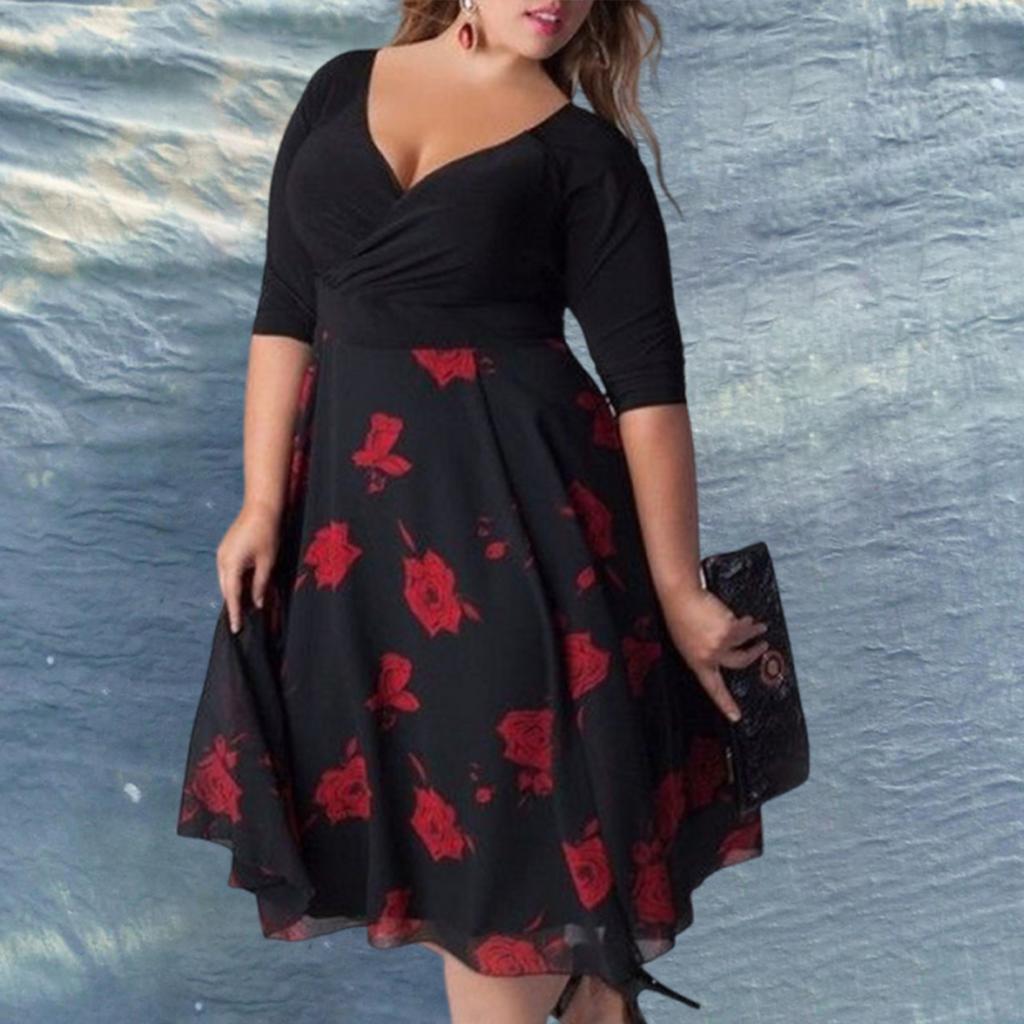 Yousheng Plus Size Dress Deep V Neck A-line Double-layered Hem Mid Sleeves Flower Printing Midi Dress Prom Party Evening Dress