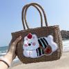 Cute Cartoon Plush Dog Decoration Women Casual Grass Woven Bagfor Beach And Vacation Use