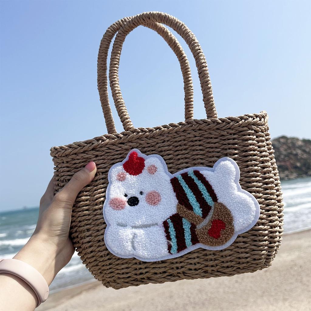 Cute Cartoon Plush Dog Decoration Women Casual Grass Woven Bagfor Beach And Vacation Use