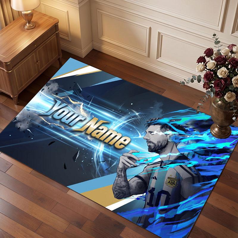 Lionel Messi Custom Crystal Velvet Rug, Personalized Name Text Print, Football Logo Soft Non‑Slip Floor Mat Home Decor Gift