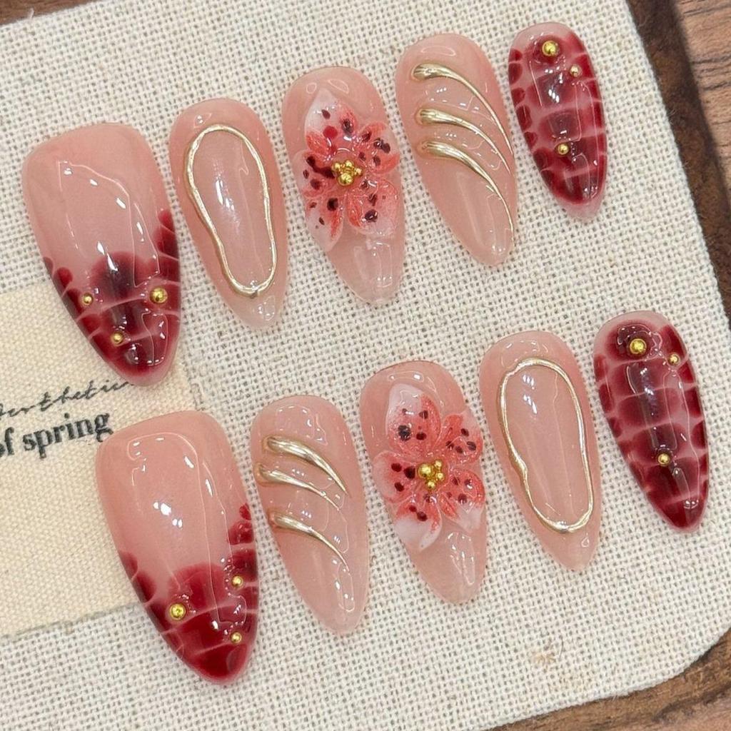 New Arrival Handwork Almond Summer Romantic 3D Flowers Butterfly Fake Nails Sticker Handmade Press on Nails