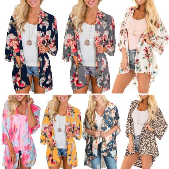 Women Floral Leopard Print Half Sleeve Shawl Cardigan Bikini Cover Up Blouse Top