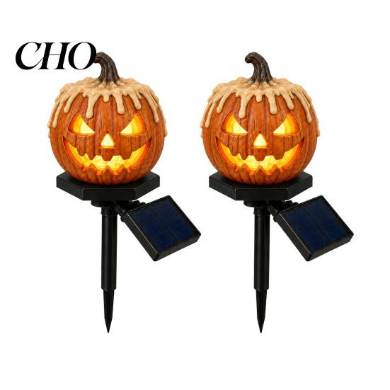 Fall Yard Ornament Solar Halloween Pumpkin Garden Stake Light, Waterproof Resin LED Warm Amber Light Lantern, Spooky Lighting for Outdoor Patio