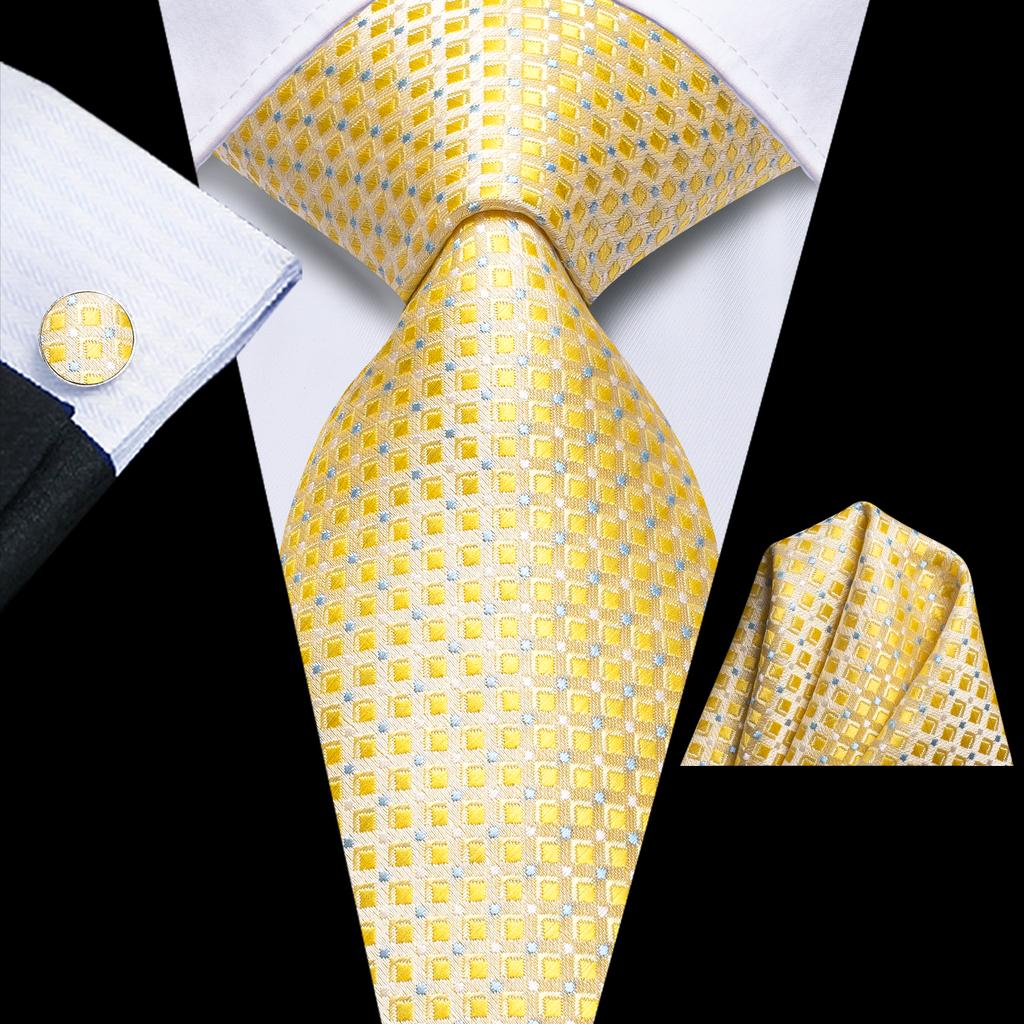 Hi-Tie Dark Gold Plaid Jacquard Mens Silk Tie Classic Necktie Cufflink Hanky Set