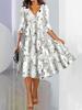 Women Spring Summer Flower Pattern Print V-Neck High Waist Casual Dresses