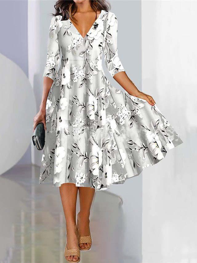 Women Spring Summer Flower Pattern Print V-Neck High Waist Casual Dresses