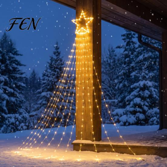Outdoor Christmas Star Lights Solar Tree Waterfall Light, 11.5FT 346 LED Powered String Light Lawn Lamp Decor with Moon Topper for Garden, Yard,