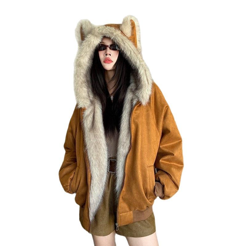 American Vintage Mountain Splicing Hooded Jacket Women's Loose Sweet Winter Pussy Ears College Cotton Coat