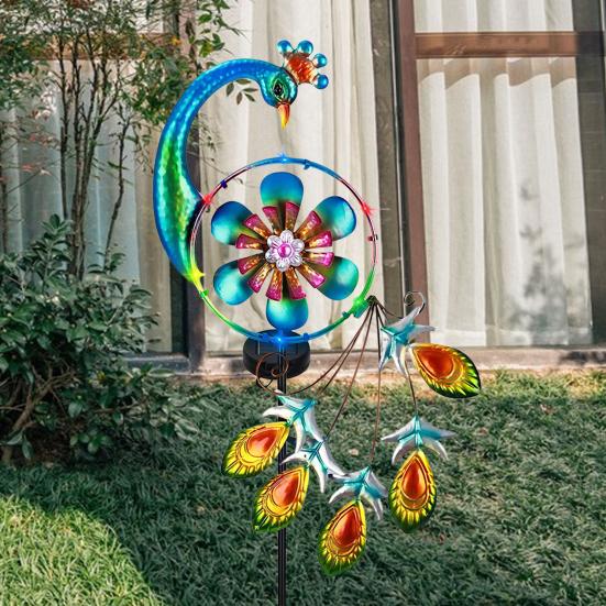 1/2 шт. Павлиньи солнечные уличные фонари Автоматическое включение/выключение Водонепроницаемые Легко установить Металлические садовые ветряные вертушки Многоцветная вращающаяся ветряная мельница