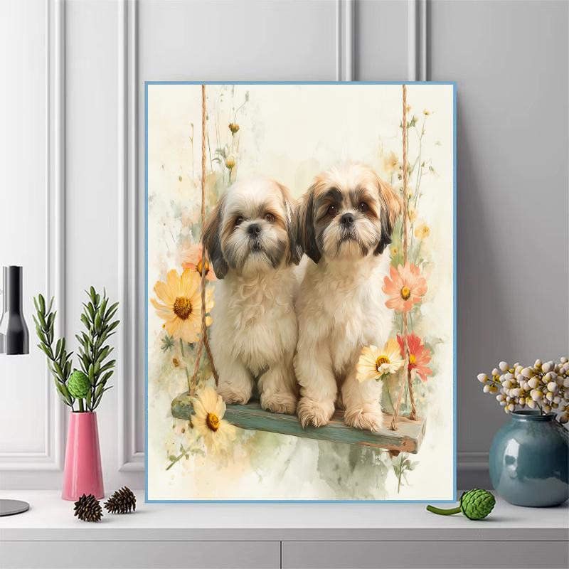 Two Shih Tzus Pattern 3pcs 100% Round Full Drill 5D DIY Diamond Painting Embroidery Cross Stitch Rhinestone Décor