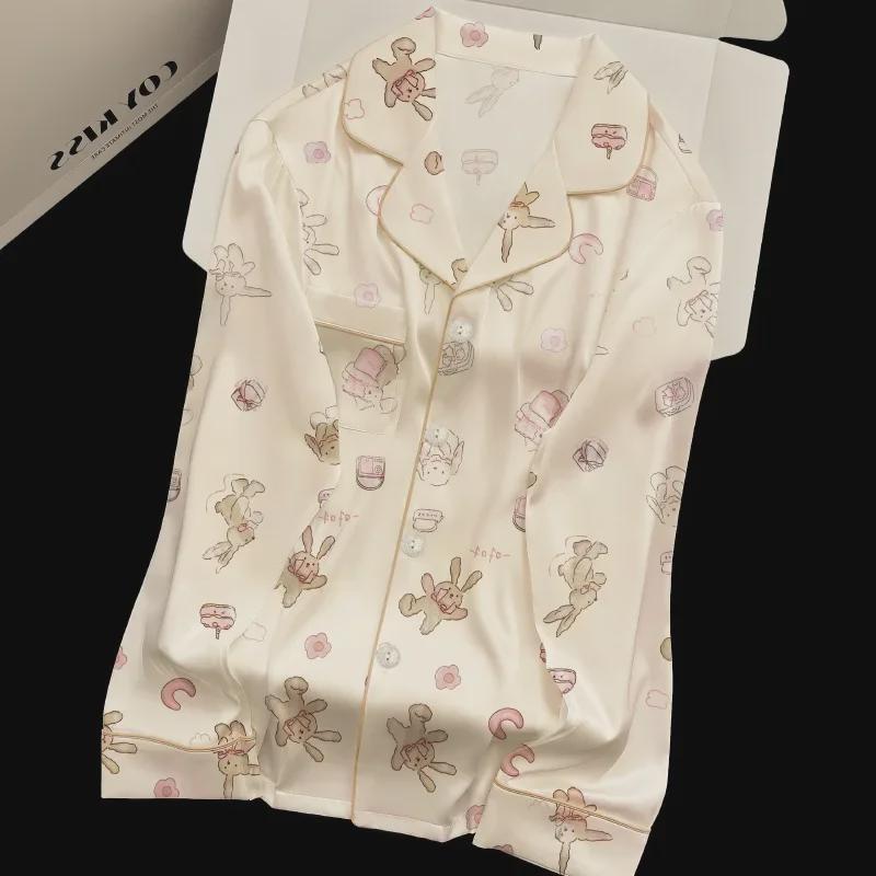 Пижамный комплект с принтом кролика «Весна и осень»: Топ с лацканами и брюки с длинными рукавами