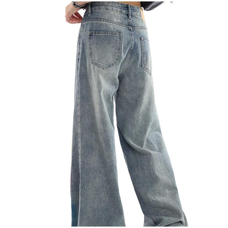 Painted Design Vintage Loose Wide Leg Jeans Women Casual Middle Waist Baggy Straight Denim Pants Spring Autumn Korean Fashion Streetwear