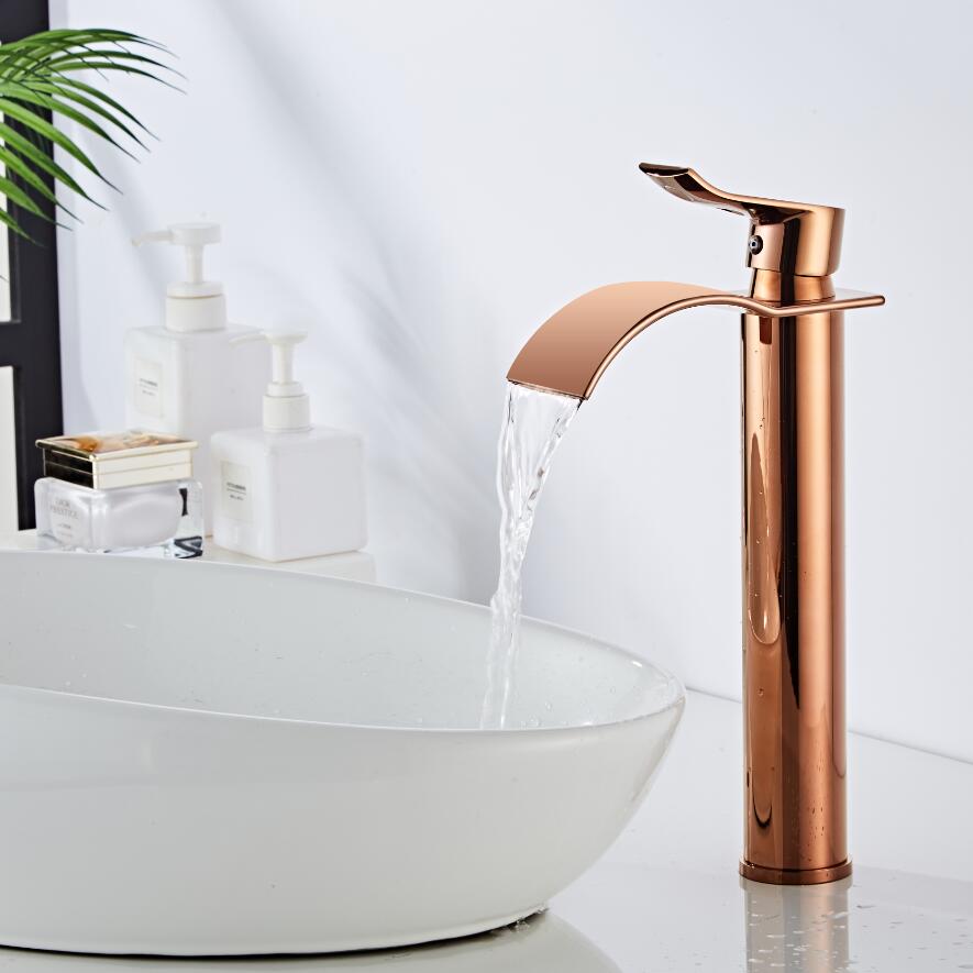 Rose Gold Basin Faucet Waterfall Faucet Brass Bathroom Faucet Bathroom Basin Faucet Mixer Tap Hot and Cold Brass Sink Faucet