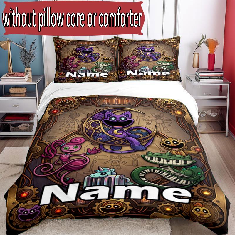 3pcs Duvet Cover Set (1*Duvet Cover + 2*Pillowcase, Without Core), Custom Name Poppy Playtime Pattern Bedding Set, Home Bedroom Decor Gift