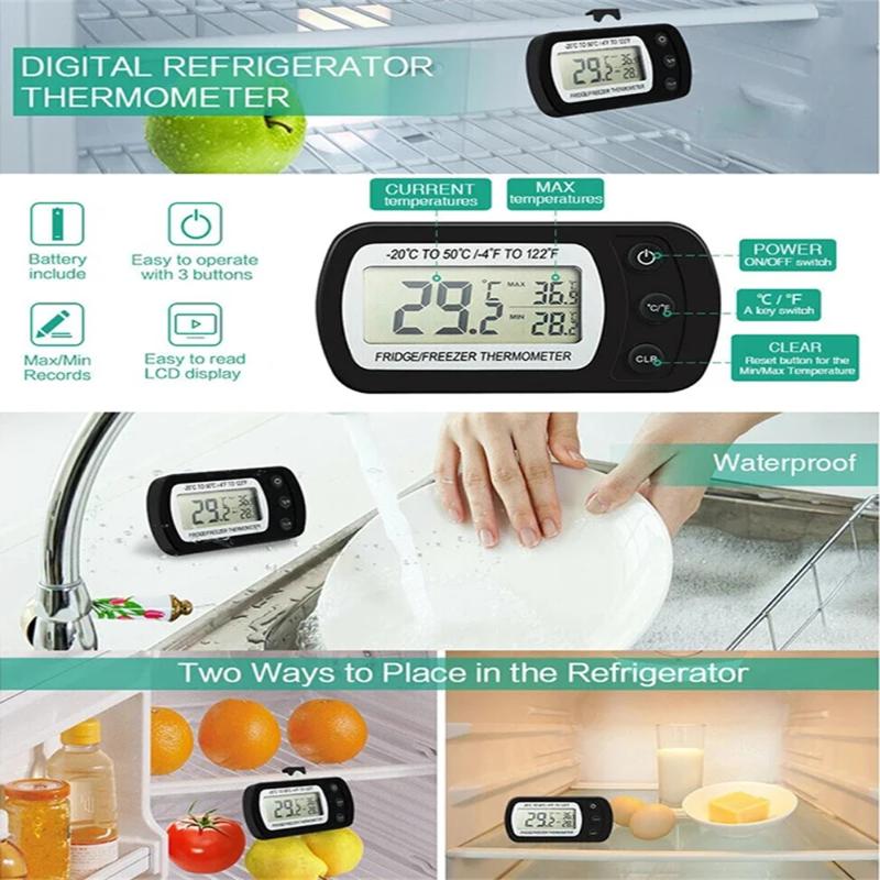 Mini LCD Digital Fridge Thermometer Anti-Humidity with Hook for Household Refrigerator Freezer Food Temp Monitoring Tool