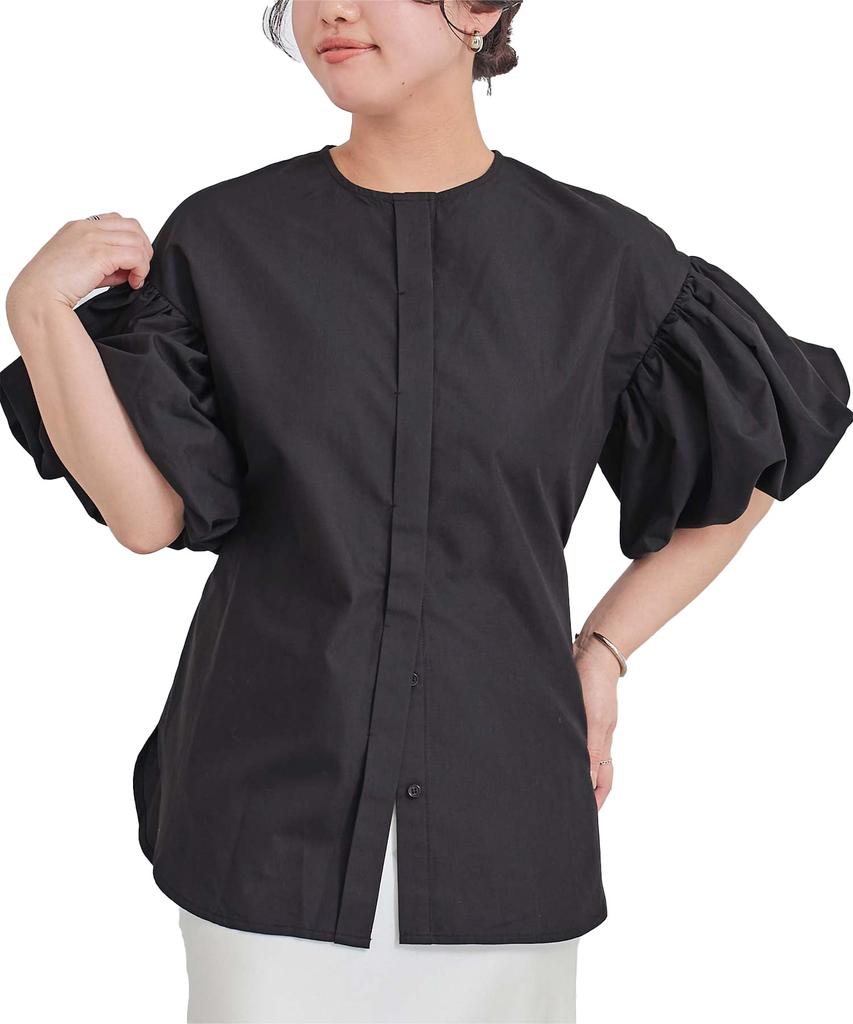 Yours Belted Collarless Balloon Sleeve Blouse BFXU1802 Small Black Women's
