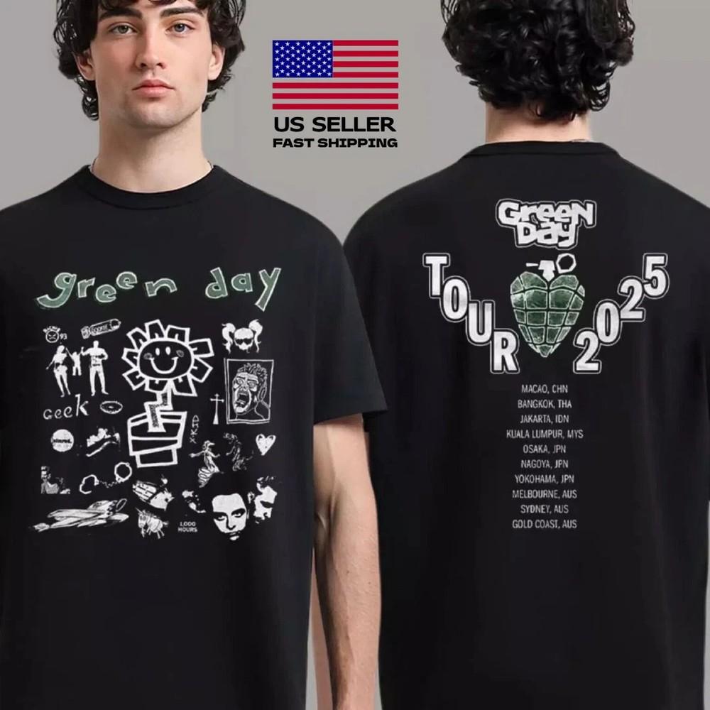 Горячий тур Green Day 2025 Черная футболка унисекс с принтом с двух сторон Все размеры
