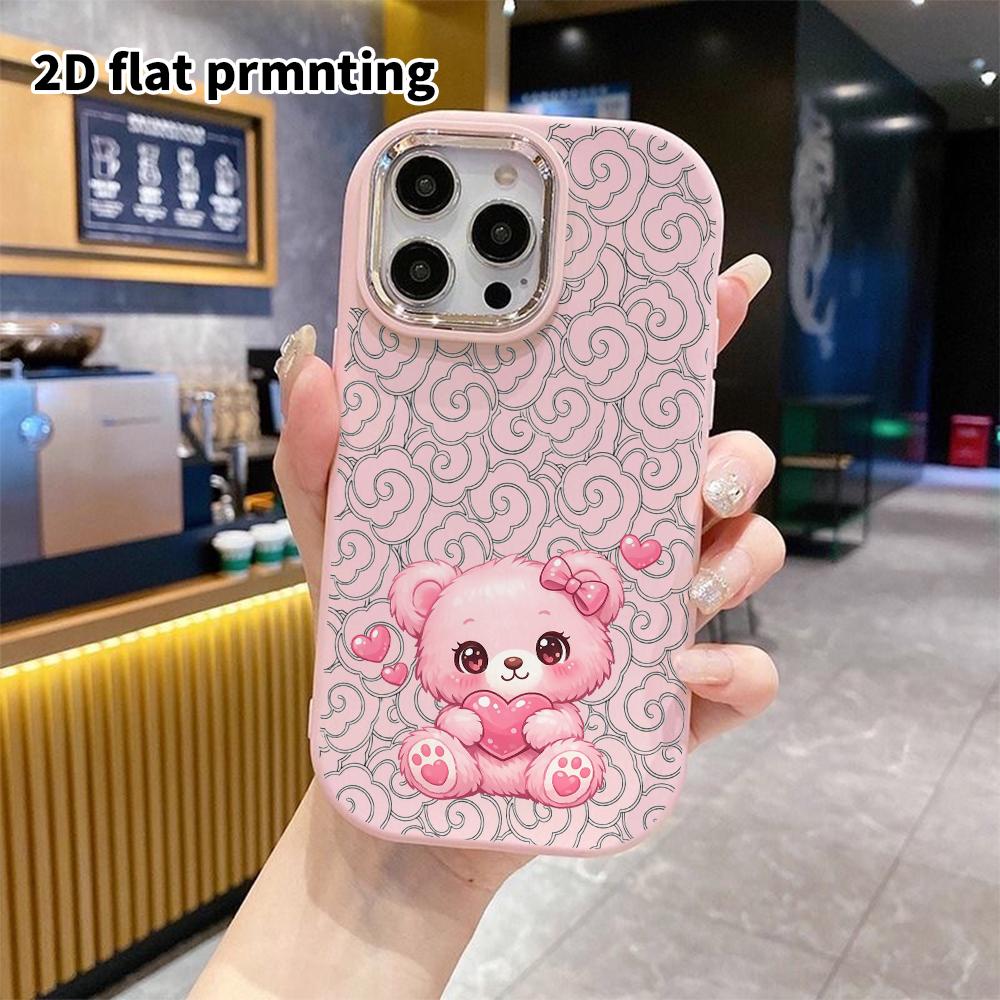 Phone Case: 2D flat design suitable for iPhone 18 17 16 15 14 13 Pro, couple style, pink heart little bear, Christmas and Halloween gift