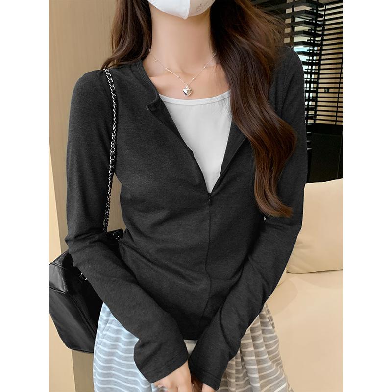 Черная контрастная поддельная футболка из двух частей с длинными рукавами для женщин на осень с полумолнией, уникальный нишевый топ