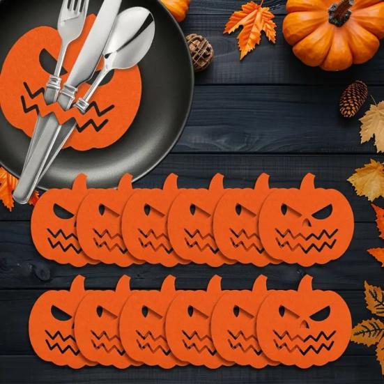 12Pcs Halloween Bat Spoon Fork Holder Spooky Pumpkin Skeleton Ghost Spider Black Cat Cutlery Felt Cover Holiday Party Dining Table Decoration
