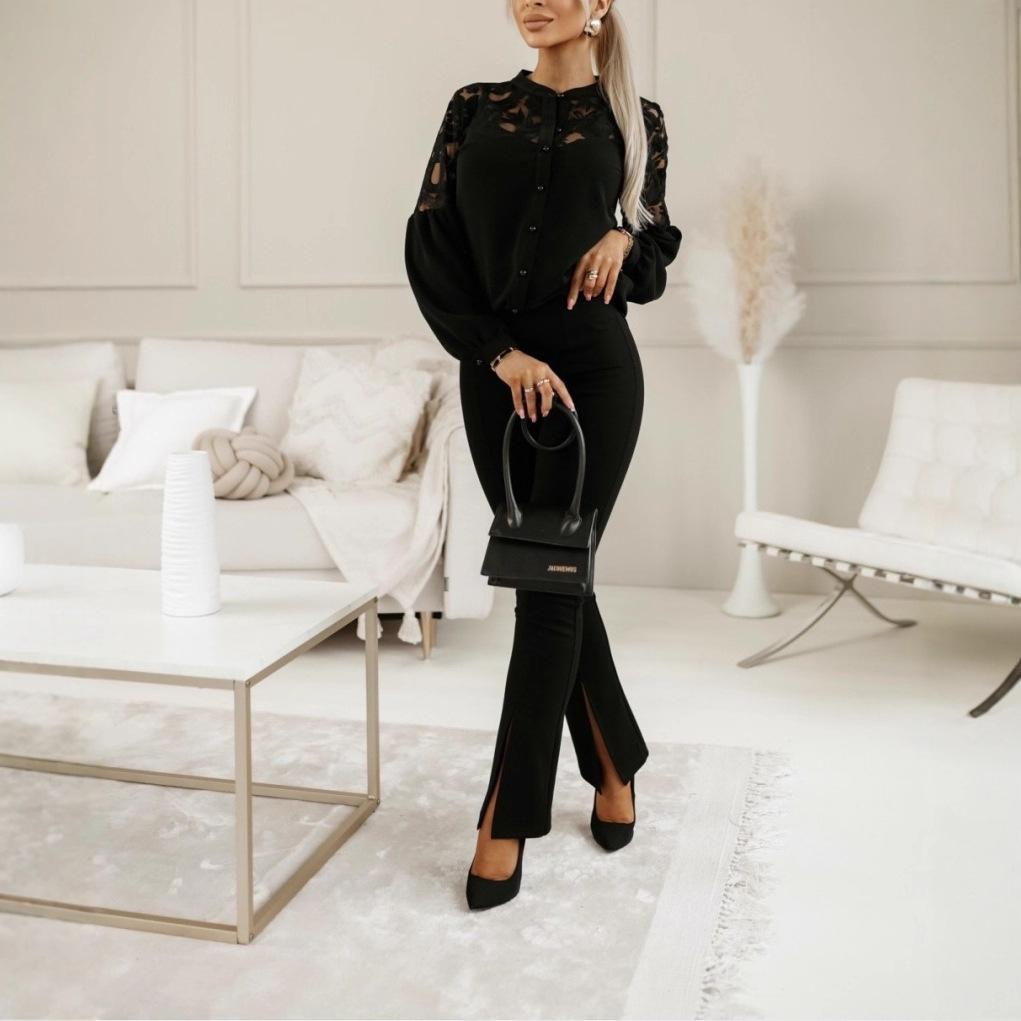 Новая женская рубашка 2023 года однотонная с кружевной вставкой для осени и зимы