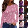 Women's Fashionable Long-Sleeved Round Neck Top with Slit Hem and Valentine's Day Heart Print
