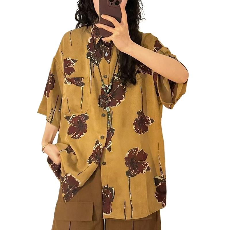 Женская рубашка с принтом, с коротким рукавом, в китайском стиле, свободного кроя, в стиле ретро, женская одежда на одной пуговице, с карманом