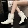 Женские ботильоны с кристаллами, мехом, кожа, высокие каблуки, женская обувь 2025 года, тренд, острый нос, массивная мода, элегантные зимние ботинки Botas De Mujer