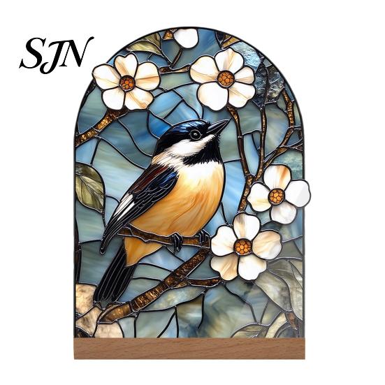 Stable Wooden Base Decoration Stained Glass Style Acrylic Table Centerpieces, Floral & Landscape Pattern Durable Desk Ornament Tabletop Sign with Wood