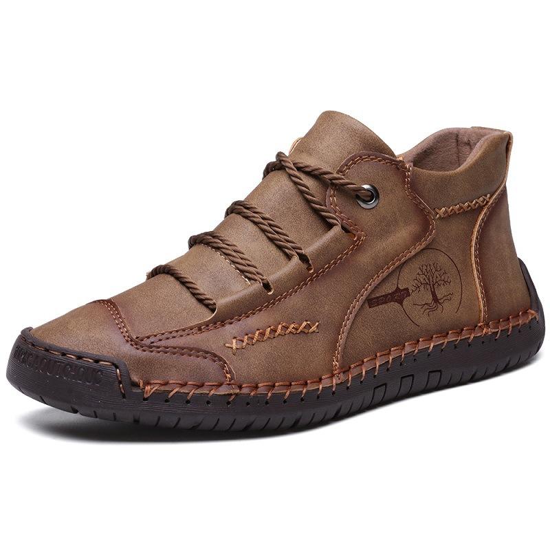 Men's Shoes Short Boots Autumn Sewn Leather Boots High Top Leather Flat-soled Outdoor Workwear and Casual Shoes Large-size Board Shoes
