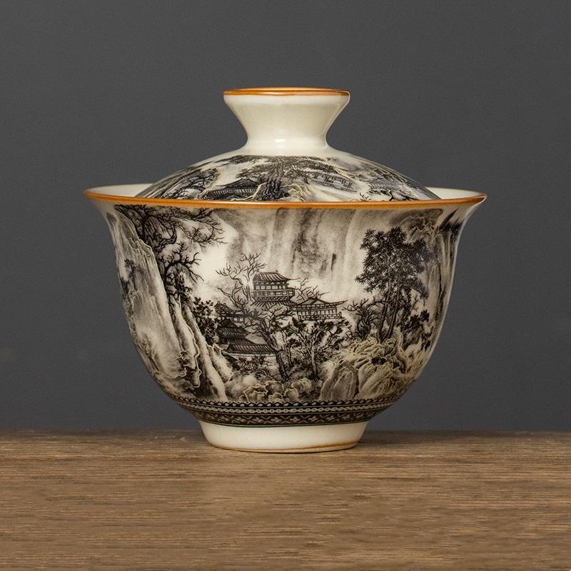 170 мл фарфоровый набор гайвань Ru Kiln Landscape для чая супница чайная посуда чашка китайская желтая керамическая открывающаяся чаша для чая чайная церемония