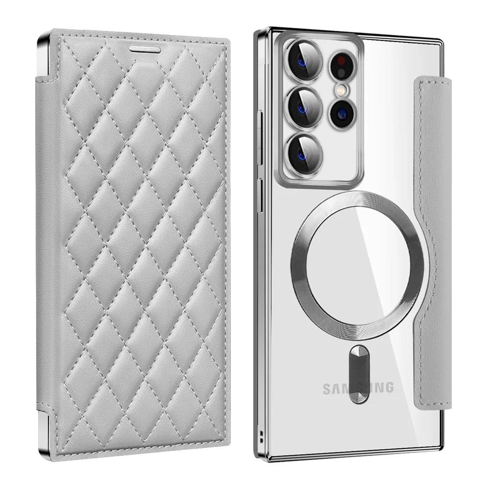 Магнитный кожаный чехол-держатель для карт для Samsung Galaxy S26 Ultra Edge s25 s24, беспроводная зарядка, держатель для карт, противоударный твердый чехол