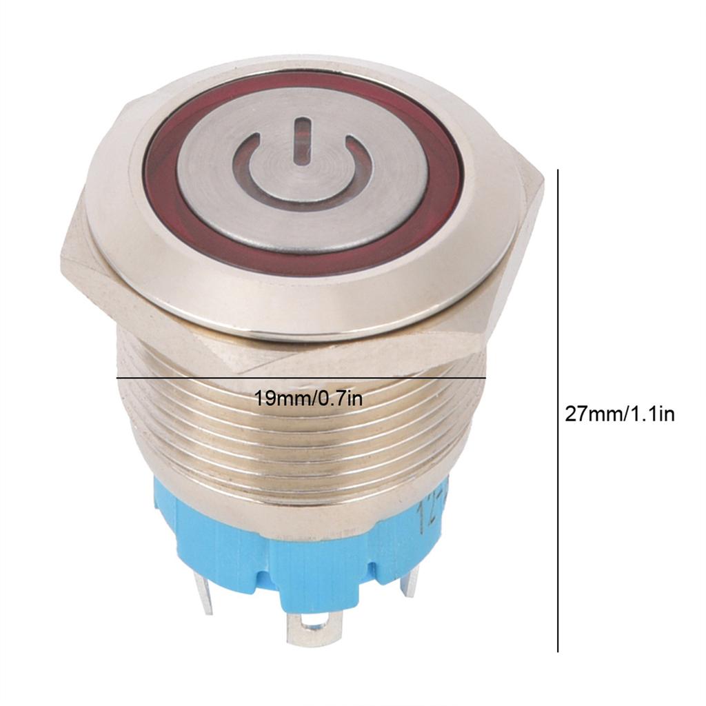2Pcs Push Button Switch 4 Pin 19mm Round Flat Head Stainless Steel Shell with Light IP65 12 24VDCRed