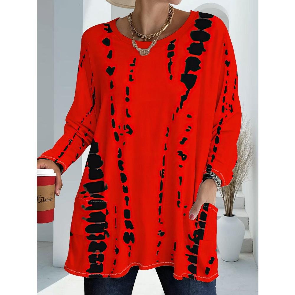 Women's tie-dye pattern design long-sleeved loose top with pockets, fashionable and casual cover