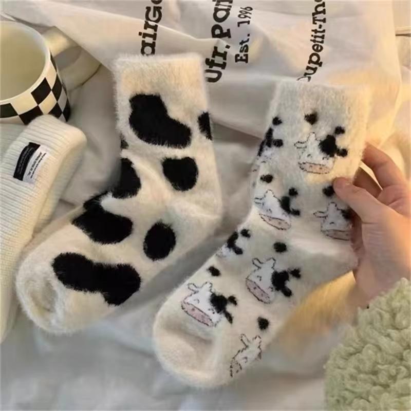3 Pairs Cute Cow Spots Print Sock Thickened Warm Coral Fleece Women's Socks