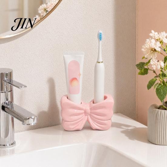 Double Hole Bathroom Holder 3D Printed Bow Toothbrush Holder, Adhesive Cup with Dual Holes for Toothpaste Storage Rack & Toothpaste, Cute Organizer