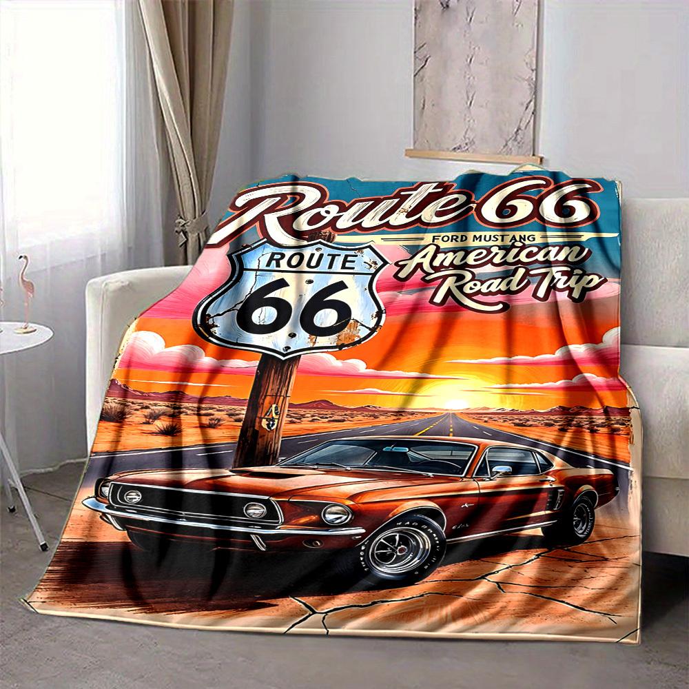 1pc Route 66 Flannel Blanket [Cozy Throw Blanket] For Sofa, Bed, Travel, Camping, Livingroom, Office, Couch, Chair, And Bed