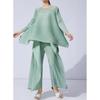 Miyake Pleats 2025 Высококачественный асимметричный плиссированный топ и брюки-клеш - Художественный стройнящий дизайн